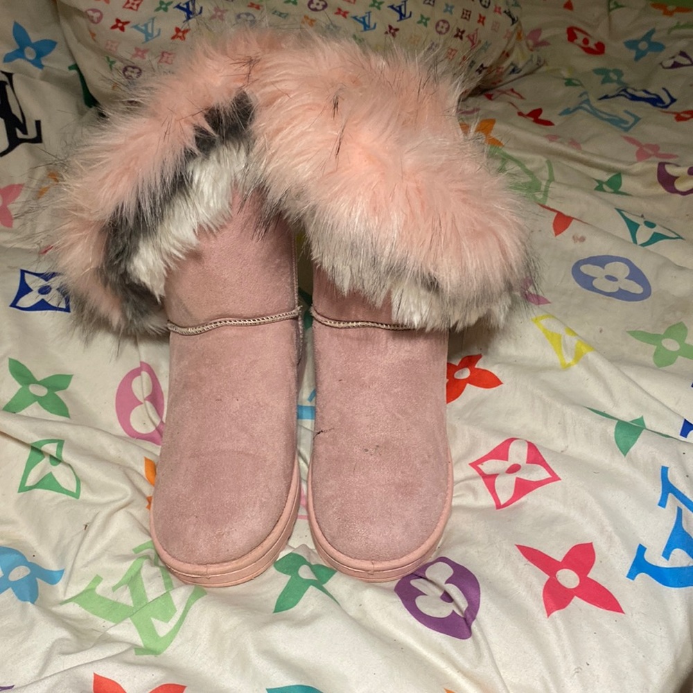 Furry, cute boots, pink gray and white has some damage shown in pictures